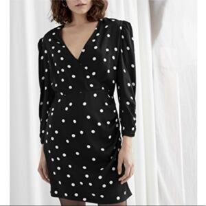 & Other Stories Mini Dress Size 4 Black White Polka Dot V Neck Ruched Sleeves